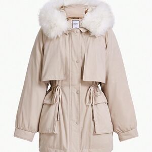 NEW 90% Down Beige Women's Parka Coat with Faux Fur Hood Size S